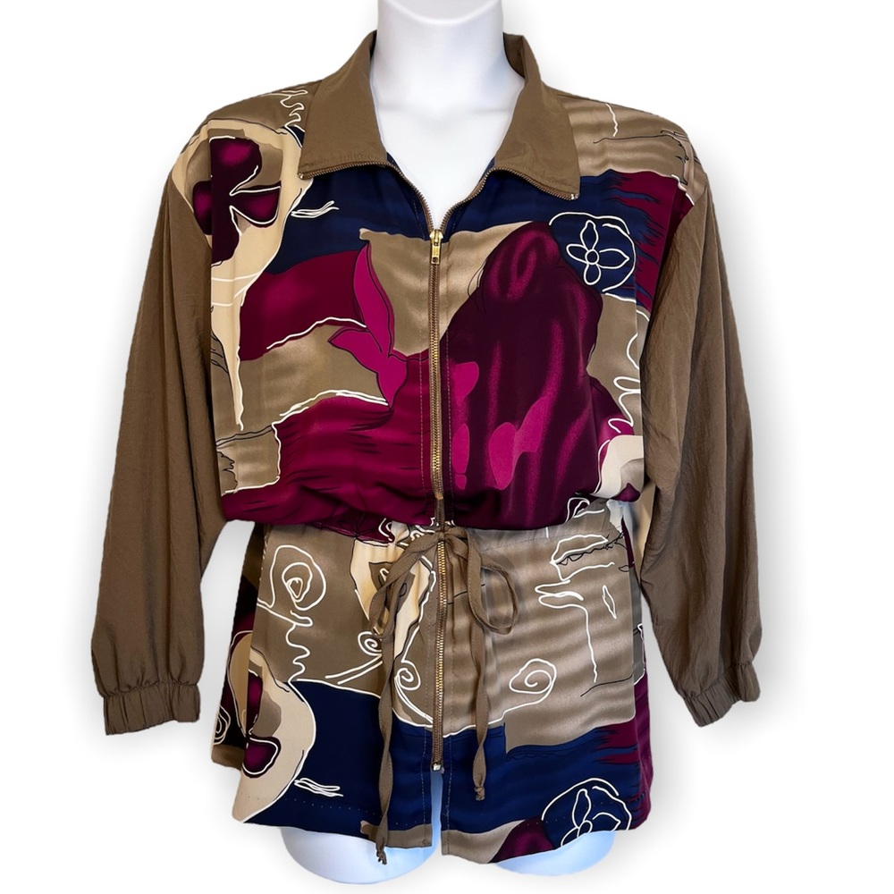 Vintage Abstract Print Zip Jacket With Drawstring Plus Size 1X